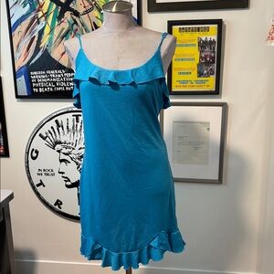 Betsey Johnson Blue Ruffled Slip Dress with Back Bow in Blue Sz LARGE